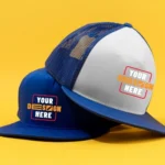 Custom Trucker Hat with mesh back, curved peak, and embroidered front logo – personalised headwear for UK teams and businesses