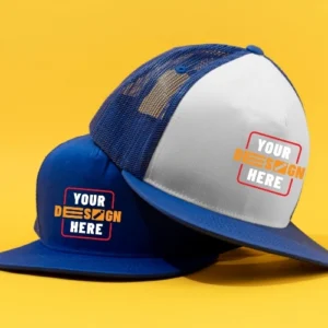 Custom Trucker Hat with mesh back, curved peak, and embroidered front logo – personalised headwear for UK teams and businesses
